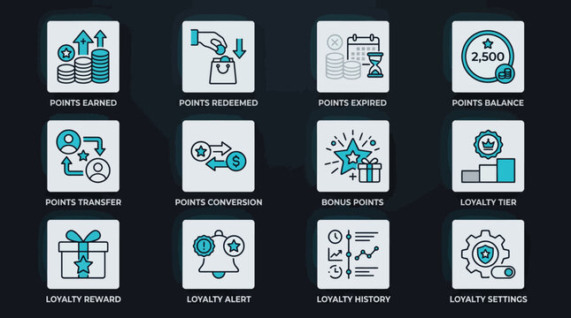 Set of loyalty program and reward points line icons.