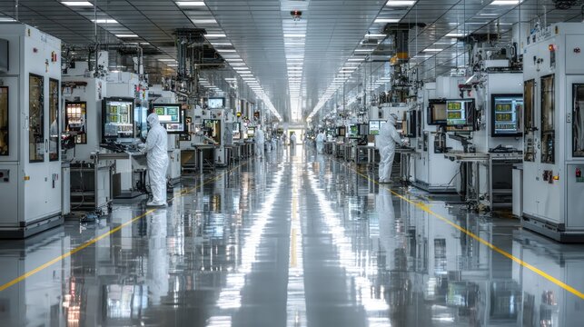 Precision manufacturing in a state-of-the-art cleanroom facility with workers and advanced machinery