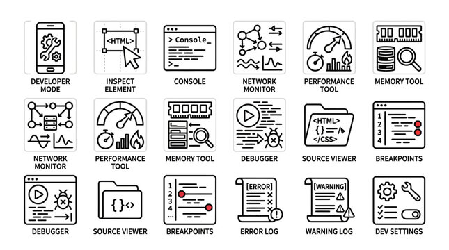 Set of web development and programming hand drawn line icons.
