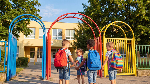 Schoolchildren walk hand in hand through vibrant red, blue, and yellow metal archways leading into their elementary school facility.