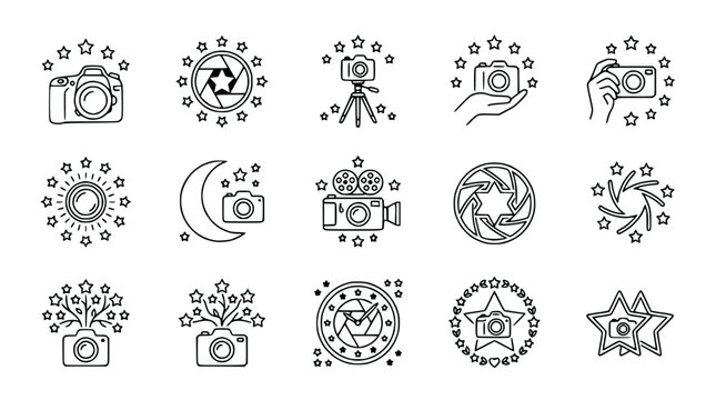 Photography Icons Set: Cameras, Apertures, Stars, Moon, Sun, Tripod, Hands
