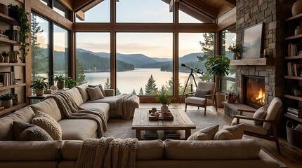Obraz premium Cozy mountain lodge living room with fireplace and lake view