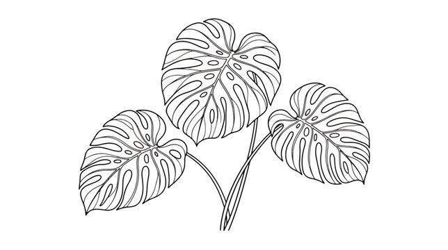 Monstera deliciosa leaf line art vector, tropical swiss cheese plant foliage illustration, botanical black and white outline drawing for coloring
