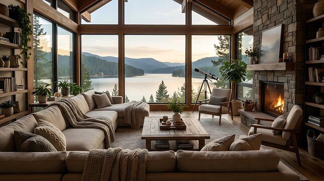 Cozy mountain lodge living room with fireplace and lake view