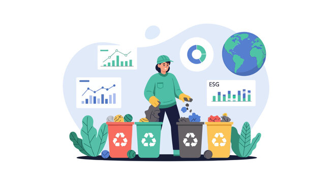 Person sorting waste into recycling bins with charts and globe.