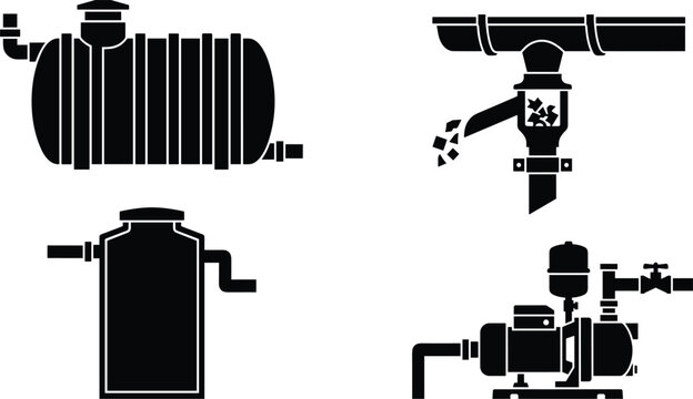 Residential Greywater Storage Vector Set with Horizontal Underground Cistern Downspout Leaf Filter and Booster Pump
