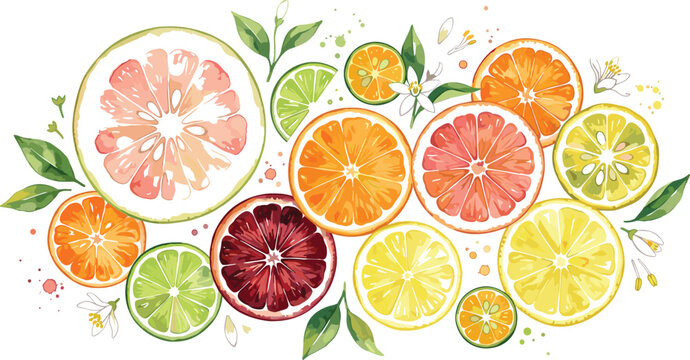 Watercolor citrus fruit slices vector background with orange lemon lime grapefruit blossoms and paint splatters for organic product packaging and summer cosmetic branding