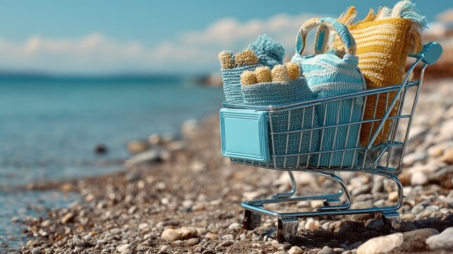 Miniature shopping cart filled with summer beach essentials on a sun-drenched pebble shore