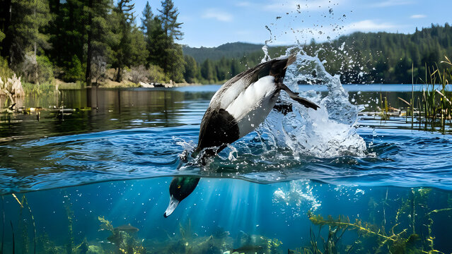 Split view of a merganser duck diving into a lake with merganser underwater wildlife splashing swimming wilderness reflection movement environment