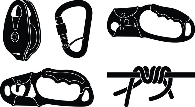 Rock Climbing Gear Vector Set with Hand Ascender Locking Carabiner Rigging Pulley and Rope Friction Hitch Knot