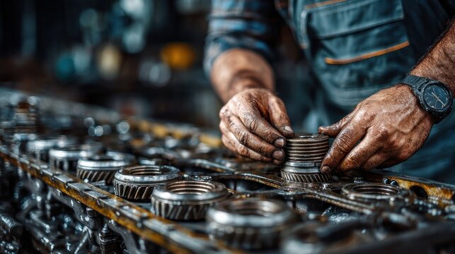 Skilled mechanic meticulously assembling precision engine components in a busy industrial workshop
