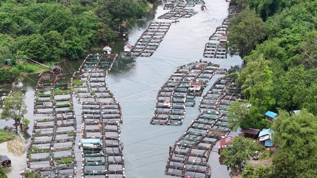 Aerial view of fish ponds in the Riam Kanan reservoir waters area
