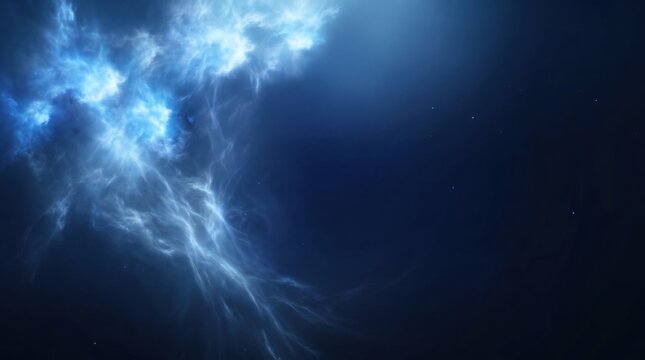 Glowing blue nebula formations with wispy smoke like light trails on a dark navy background resembling deep space cosmic gas clouds and ethereal atmospheric energy patterns
