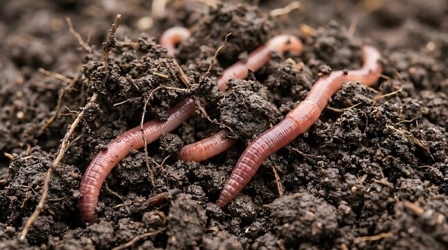 Earthworms moving through moist soil in natural habitat