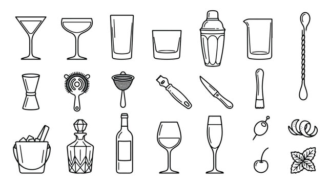 Minimalist cocktail bar icons set, professional bartender tools and glassware vector collection, black and white line art mixology equipment for menu design