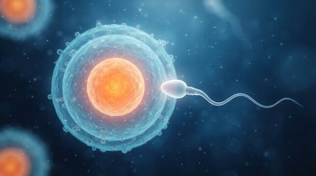 Sperm cell approaching an egg for fertilization in a microscopic view.