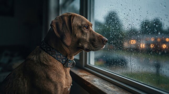 A frightened dog sits indoors looking out at heavy rain and lightning.