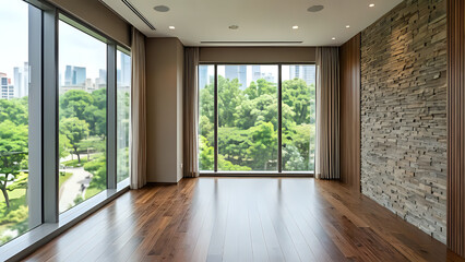 Fototapeta premium Modern empty interior living room with natural wood flooring and stone feature wall wooden floor real estate interior design interior architecture spacious minimalist daylight apartment