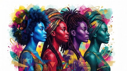 Fototapeta premium Vibrant illustration of African American women celebrating Black History Month with cultural patterns.