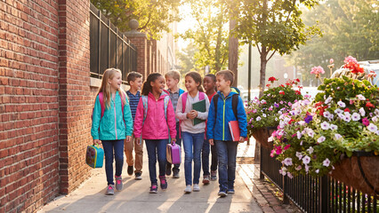 Obraz premium Schoolchildren walk together along a sidewalk near a brick wall while carrying their backpacks and lunch boxes on a bright morning.