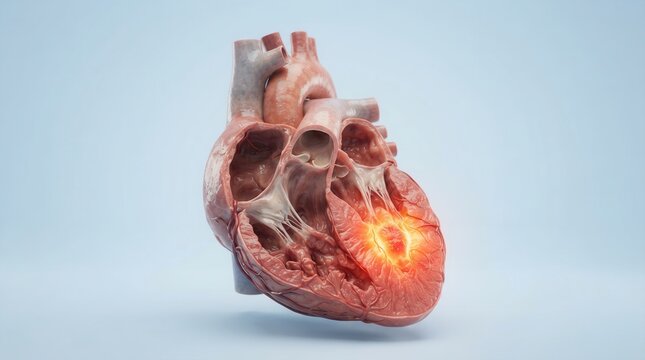 3D medical illustration showing a human heart with a dilated ventricle and myocardial inflammation.