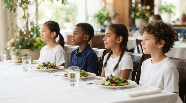 Diverse group of children seated at an elegant formal dining table.