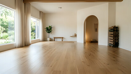 Fototapeta premium Empty modern studio room with wooden flooring and potted plant wooden floor studio space interior design wellness space living space interior decoration interior minimalist spacious daylight