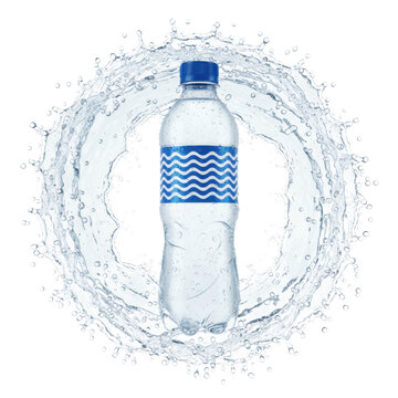 Pristine 500ml PET bottle with azure cap and geometric label, covered in condensation and water droplets, erupting from a turbulent splash on white background, concept for beverage advertising