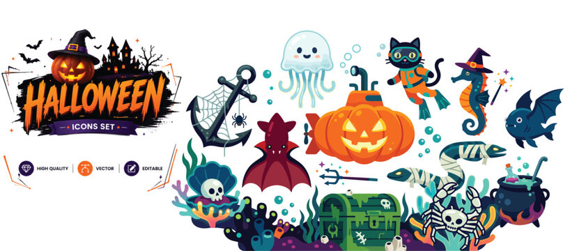 Set of 15 flat icons related to underwater halloween, ocean - collection of jellyfish, submarine, anchor, sea creature, treasure chest, skull, crab vector elements