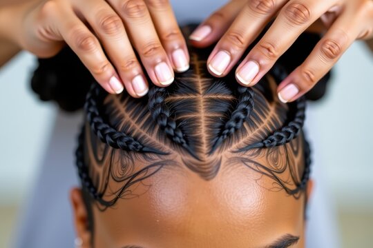 Detailed view of a person's head with carefully arranged braids