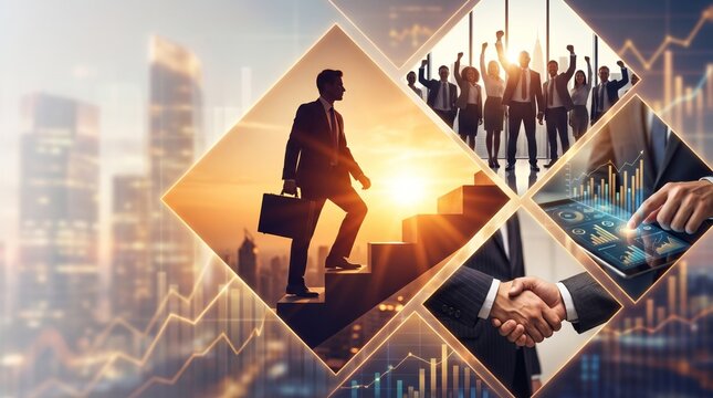 Business success and teamwork collage featuring corporate victory celebration, handshake deal, career growth stairs and digital financial analytics concept