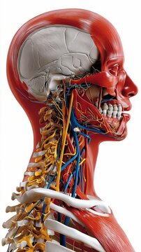 Anatomical Head and Neck Model: A detailed anatomical model showcasing the intricate musculature, skeletal structure, and vascular system of the human head and neck.