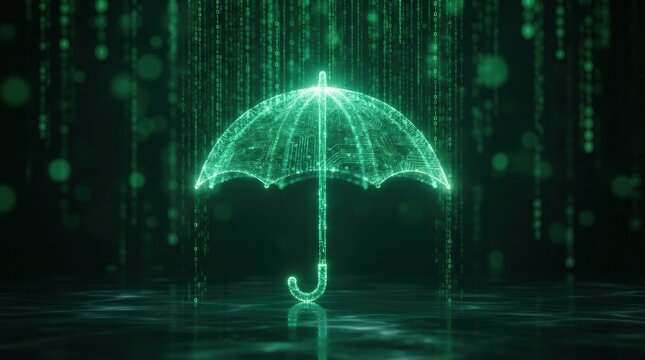 Glowing green digital umbrella surrounded by vertical data streams for cybersecurity protection.