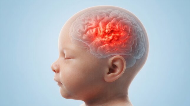 3D medical illustration of neonatal encephalopathy showing a newborn baby's brain with cerebral damage.