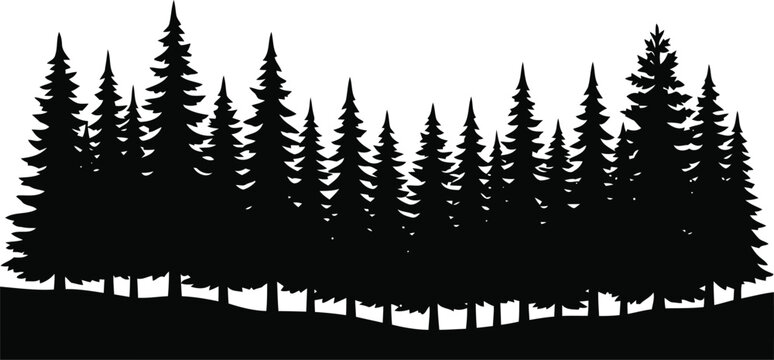 Black Pine Forest Silhouette Isolated on White Background, Evergreen Tree Line Nature Landscape