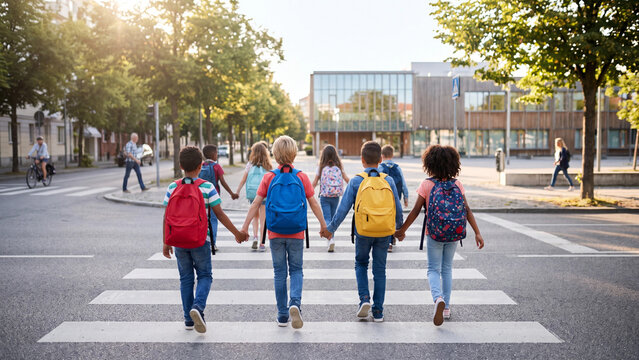 Schoolchildren holding hands cross a city street on a pedestrian walkway while carrying their colorful backpacks to school together.