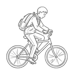 Fototapeta premium Boy riding bicycle with backpack, hand-drawn sketch style