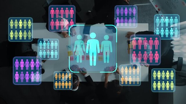Diverse Group Collaboration with Digital Icons Representing Multicultural Teamwork and Human Connection in Modern Office Setting. Entropy.