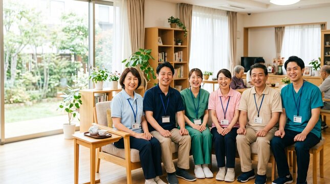 介護施設のスタッフ集合写真 笑顔の介護士チーム 介護福祉士