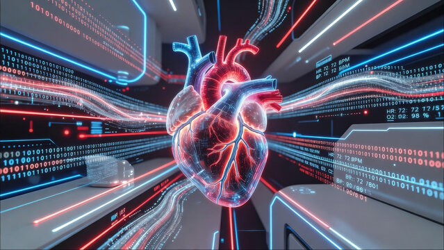 Telemedicine concept shows upscaled heart with digital lines