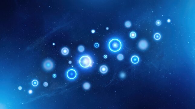 Glowing blue orbs and circular light rings floating on a dark navy blue background with soft particles and lens flare effects in a digital space composition