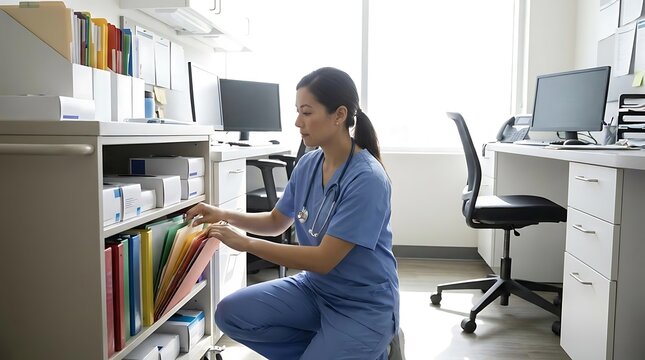 Healthcare professional organizing medical files in office