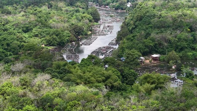 Aerial view of fish ponds in the Riam Kanan reservoir waters area