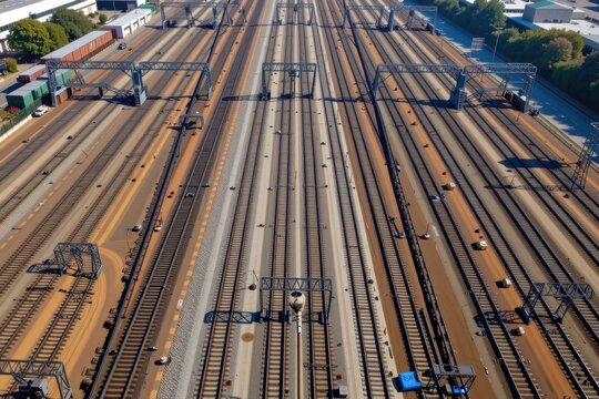 Top-down perspective of rail yard filled with parallel tracks and rail equipment