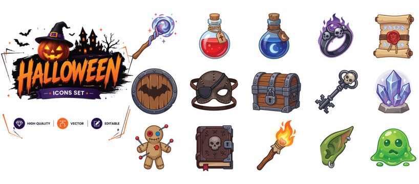 Set of 15 pixel art icons related to fantasy rpg, magic - collection of wand, potion, ring, scroll, shield, mask, treasure chest, key, crystal, book vector elements