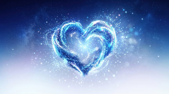 Glowing heart shape formed by swirling blue light particles and sparkles against a dark gradient background with ethereal nebula clouds and bright lens flare effects