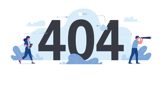 Creative 404 error page design with people searching for content using a telescope and tablet in a cloudy digital landscape.
