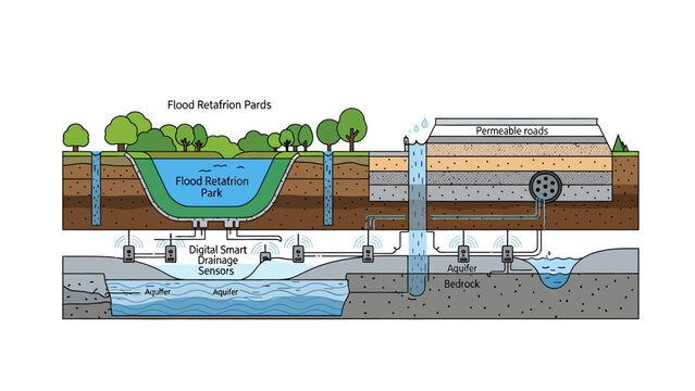 Smart City Flood Management Infographic with Sustainable Drainage Systems, Permeable Roads, and Digital Sensors