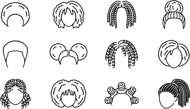 Black and White Line Art Icons of Diverse Black Hairstyles