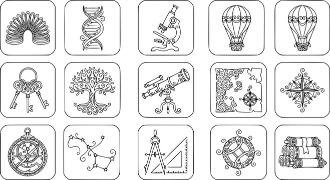 Black and White Line Art Icons of Science, Exploration, and Knowledge Objects